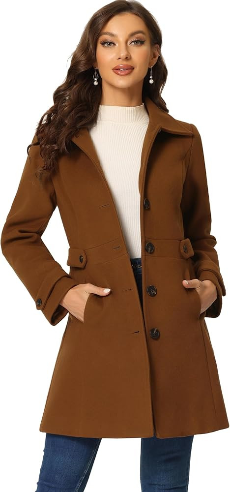 Allegra K Women's Winter Classic Outwear Overcoat with Pockets Single Breasted Pea Coat | Amazon (US)