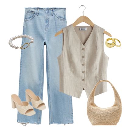 Neutral Spring Vibes with wide leg jeans, neutral waistcoat, jute heels and a rafia sling bag 🤍

#LTKstyletip #LTKSeasonal