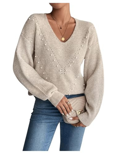 Women's Pearls Beaded Pullovers V Neck Drop Shoulder Loose Sweater Top | Amazon (US)