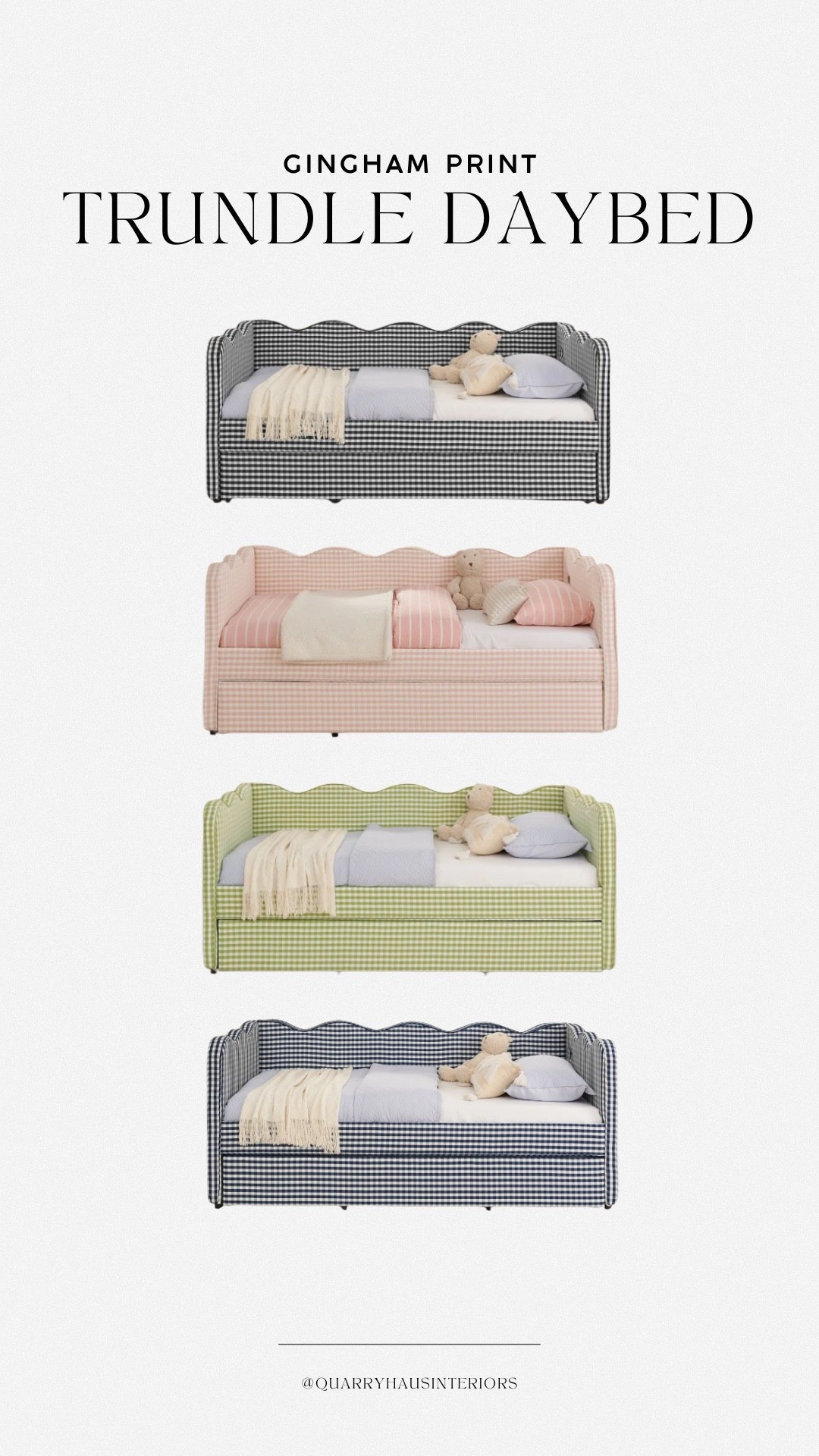 This adorable twin sized daybed comes on the cutest gingham print with scalloped frame detailing - and it’s available in 4 colors! 🖤💗💚💙

Kids toddler big kid girl boy bedroom furniture bed trundle twin daybed

#LTKHome #LTKKids