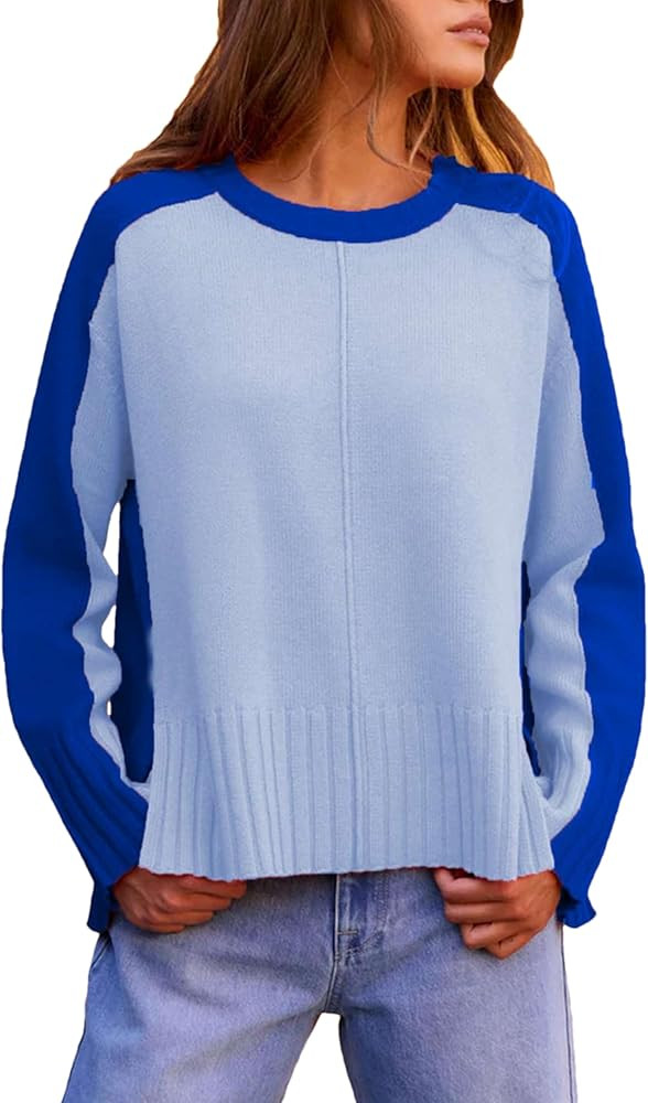 Zontroldy Women's Color Block Sweaters Crew Neck Long Sleeve Side Split High Low Hem Pullover Kni... | Amazon (US)