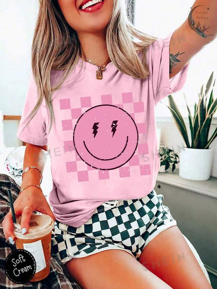 SHEIN LUNE Women's Summer Checkerboard  Printed Round Neck Short Sleeve Casual T-Shirt | SHEIN