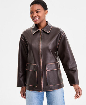 Women's Zip-Front Faux-Leather Coat | Macy's