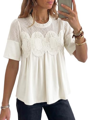 Dokotoo Women's Lace Blouse Flared Short Sleeve Embroidered Mesh Shirts | Babydoll Shirts,Flowy B... | Amazon (US)