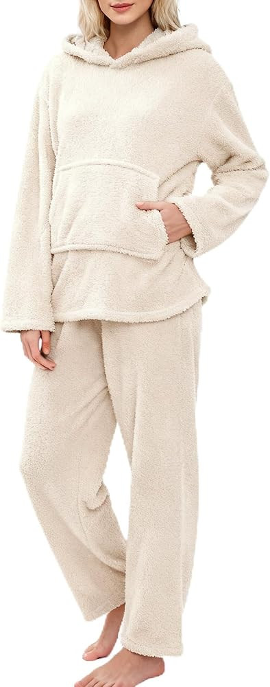 Fluffy Pullover Sleepwear Pajamas Set,Winter Warm Sherpa Fleece Loungewear for Women, Soft Therma... | Amazon (US)