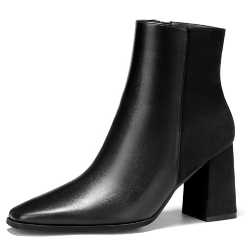 ALICEPUB Black Women's Ankle Boots Black Chunky Heels Boots for Women Black Leather Boots Fall Short Boots Dress Booties Square Toe Boots with Side Zipper, Size 11 | Amazon (US)