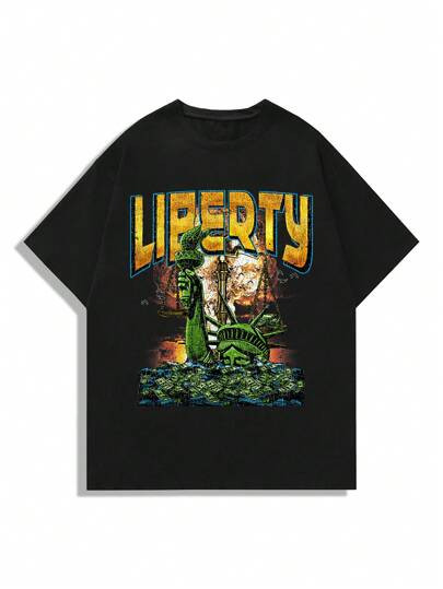 Freeman Studio Dark Men Statue Of Liberty Slogan Printed Short Sleeve T-Shirt, Suitable For Daily... | SHEIN