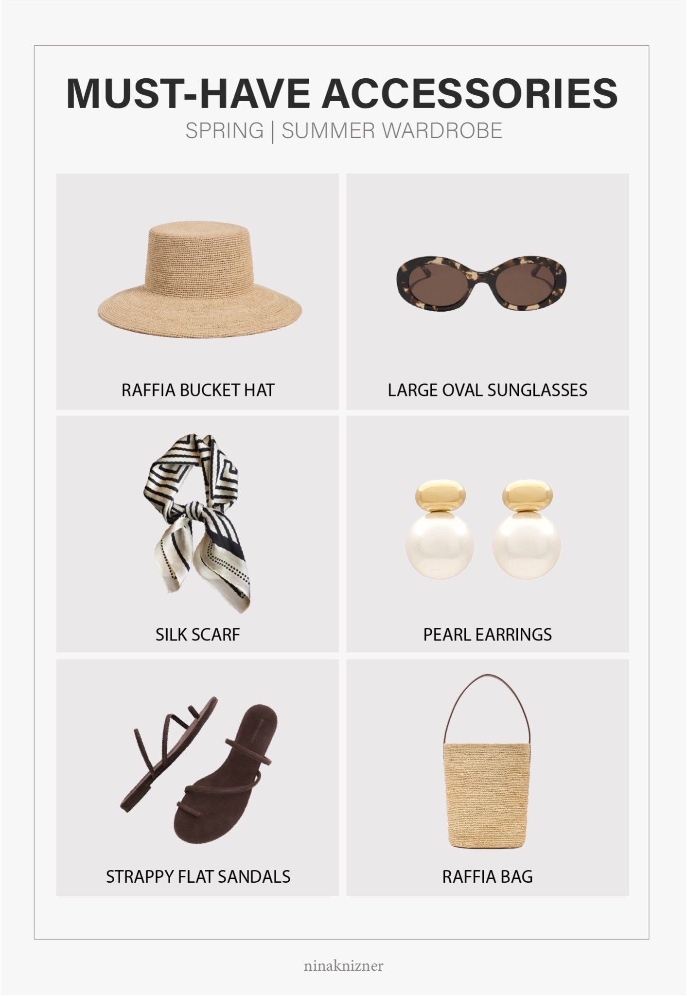Favorite staple accessories to elevate your spring and summer wardrobe…

This wide brim raffia hat is expertly crafted. It can be worn with every type of outfit you can imagine…tees, shorts, jeans, trousers, skirts, and even a dress. I’d totally pair it with he Camille Dress from L*Space.

The DIFF oval sunglasses is one of my best sellers. It’s almost oversized and is super flattering, especially for square faces.

A silk scarf is such a fun way to add interest to capsule items. Can easily be switched out depending on the vibe, and it can also be worn so many different ways.

Pearl jewelry is the warmer months is a must!!! These earrings are heavy and are a really good quality. Elevates anything you wear it with.

Strappy flat sandals. So in love with these. Worth EVERY PENNY.

Raffia Bag. Need I say more? I need to stop myself from buying any more….Haha.

- Lack of Color - Women’s Inca Straw Bucket WIDE Hat in Natural
- DIFF - Lainey Oval Sunglasses in Espreso Tortoise Brown Sunglasses
- Amazon - Mulberry Silk Square Hair Scarf in Black and White Geometry Stripe
- SHASHI - Empress Pearl Earring in Gold & Pearl
- Reformation - Ludo Toe Ring Strappy Flat Sandals in Espresso Suede
- J.Crew - Berkley Handknotted Bucket Bag in Natural Raffia


#spring #springaccessories #summer #summeraccessories  #travelaccessories #destinations #beachvacation #coastal #westcoast #coastalcalifornia #vacation #sightseeing #village #mediterranean #essentials #staples #capsulewardrobe #minimalist #ovalsunglasses #tortoise #brownsunglasses #leathersandals #suede #espresso #chocolatebrown #sandals #flats #slipons #shoes #springshoes #summershoes #travelshoes #strappysandals #straw #raffia #springbag #summerbag #bucketbag #jewelry #pearl #earrings #gold #scarf #headscarf #sailing #boat #lightblue #relaxedluxury

@Reformation 

#LTKTravel #LTKgrwm #LTKSeasonal