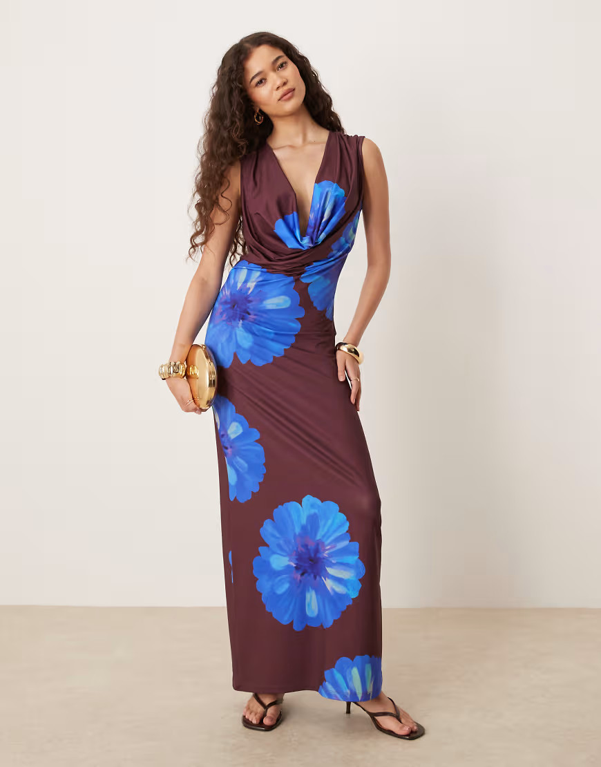 ASOS DESIGN cowl neck floral printed maxi dress in brown | ASOS (Global)