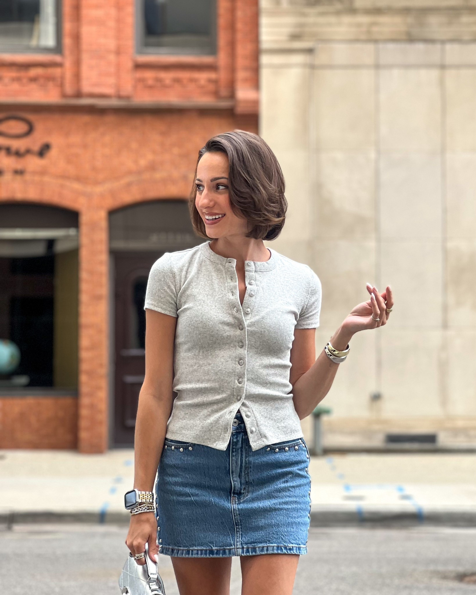 Ribbed button front top runs tts (wearing an xs)
Denim mini skirt runs big, size down if you’re in between (wearing a 23)
Linked similar to my denim shoes

#LTKFindsUnder100 #LTKStyleTip #LTKSummerEdit