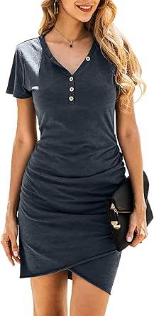 BTFBM Women’s 2021 Casual V Neck Short Sleeve Ruched Bodycon T Shirt Short Mini Dresses with Bu... | Amazon (US)