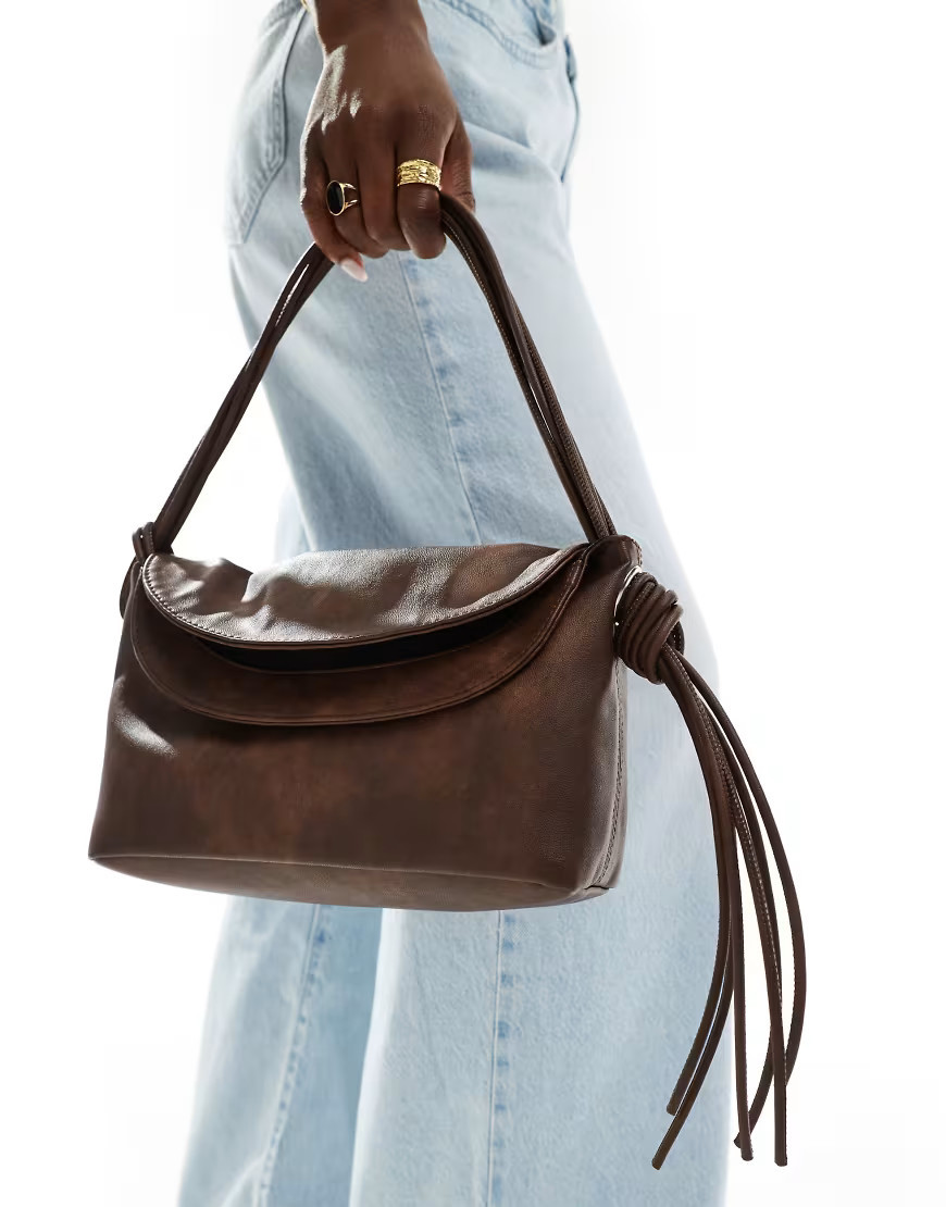 ASOS DESIGN double flap washed shoulder bag with tassel in washed brown | ASOS (Global)