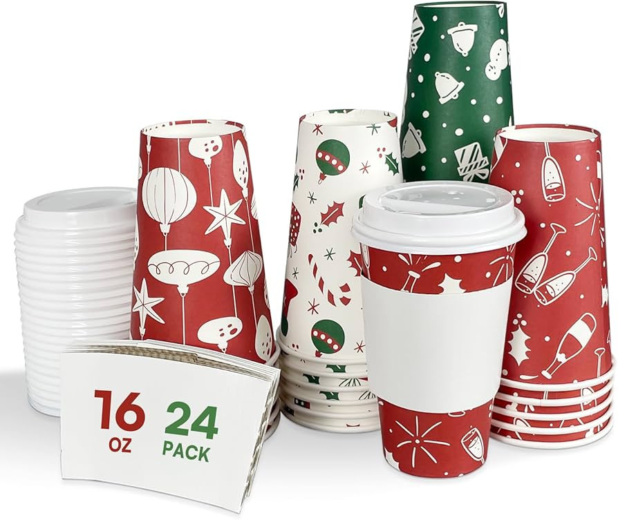 Christmas To Go Coffee Cups with Lids 16 oz Insulated Cups, 24 Packs Hot Cup for Chocolate/Coffee... | Amazon (US)