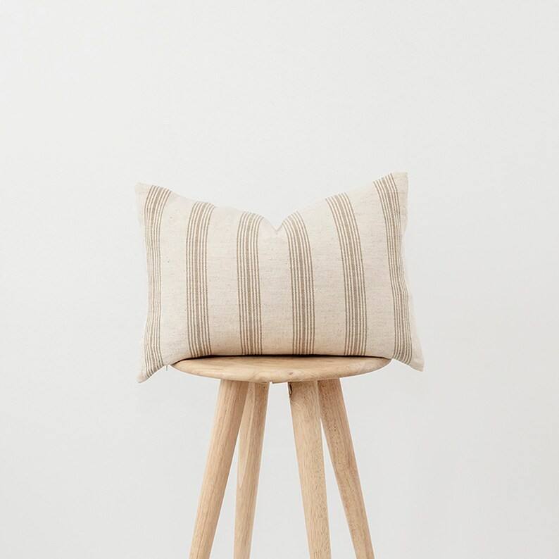 White Beige Striped Lumbar Linen Cushion  Tassel Rectangular | Etsy UK | Etsy (UK)