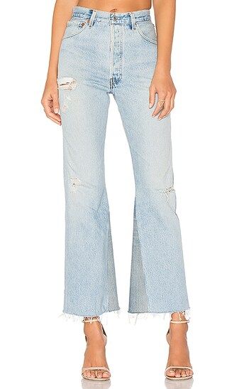 RE/DONE Levis Leandra High Rise Crop Flare in Indigo | Revolve Clothing