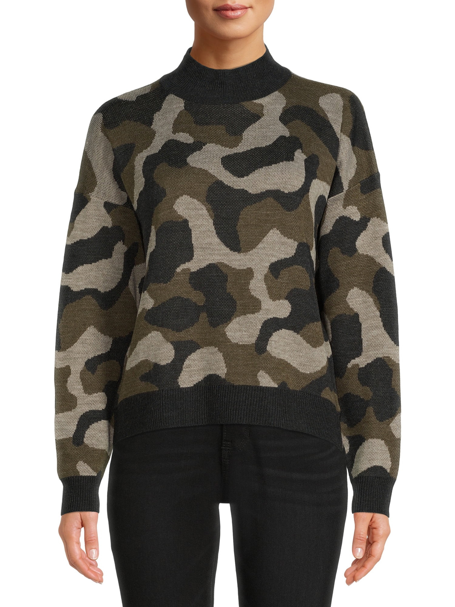 Time and Tru Women's Camo Mock Neck Sweater | Walmart (US)