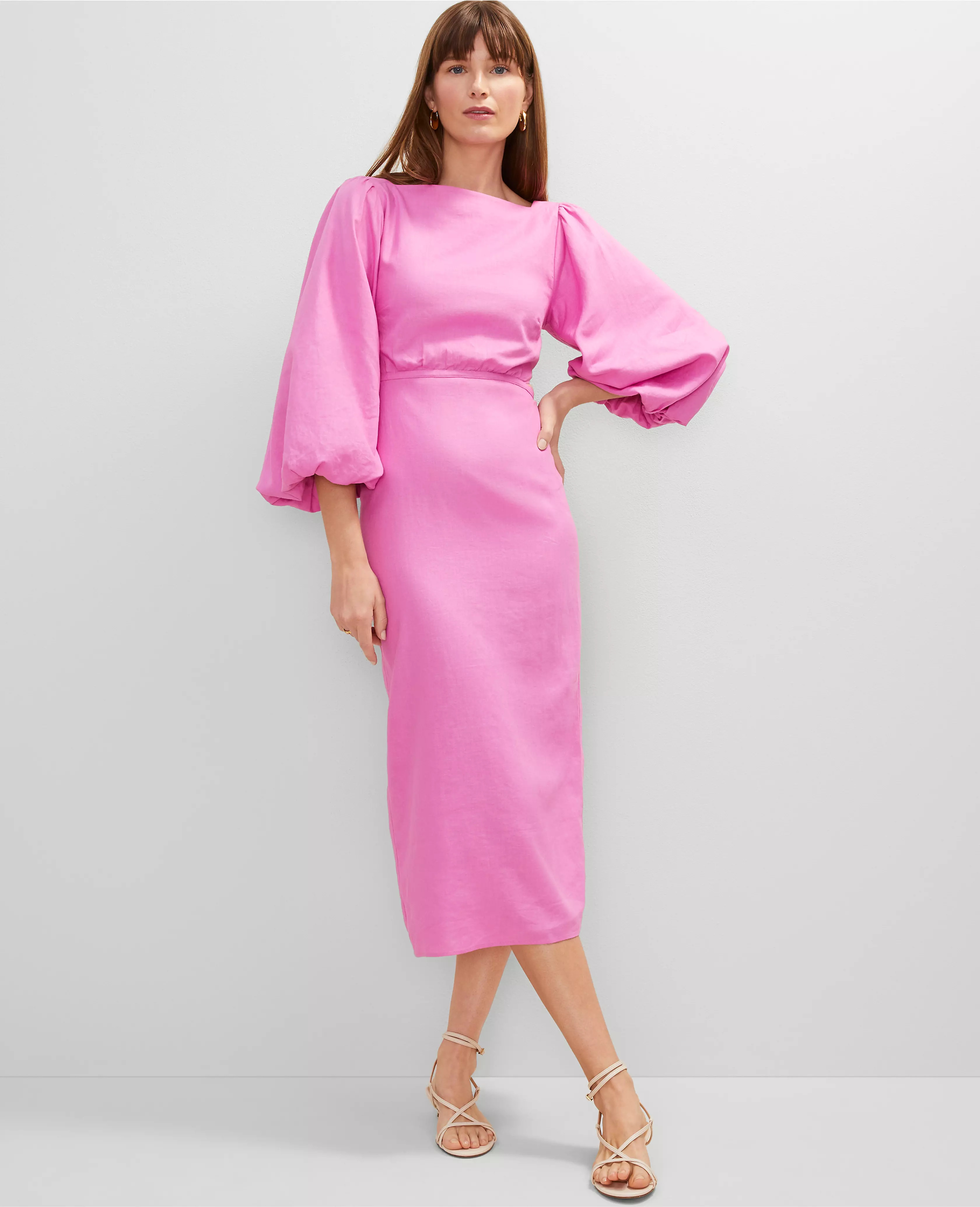 Linen Blend Puff Sleeve Midi Dress | Ann Taylor