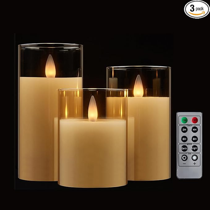 Glass Wax Flameless Pillar Candles Flickering with Remote Timer, 3D Moving Flame Battery led Cand... | Amazon (US)