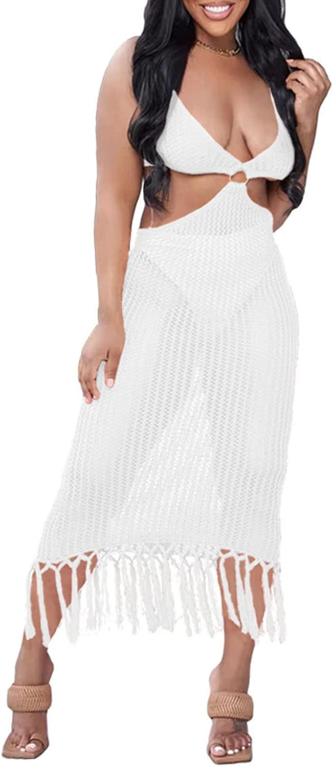 Women Halter Crochet Cover Up Beach Swimsuit Bikini Bathing Suit Coverups Tassels Hollow Swimwear... | Amazon (US)