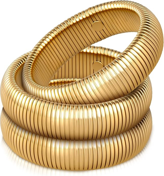 Gold Bangle Bracelets for Women Chunky Stretch Bracelet Set Stackable Bangles 14K Gold Plated Sta... | Amazon (US)