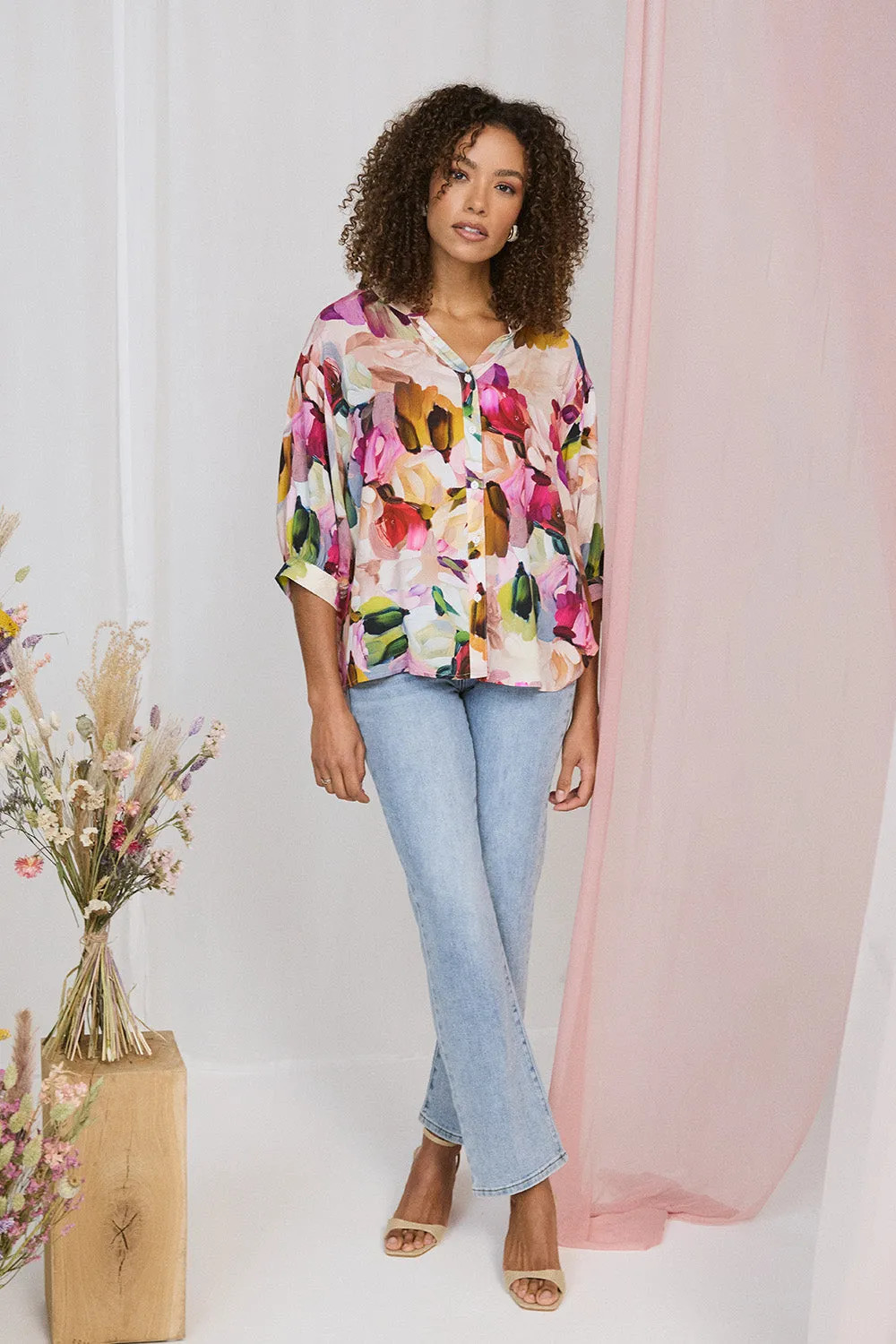 Tops | Brushstroke Print 3/4 Sleeve Shirt | Izabel London | Debenhams UK