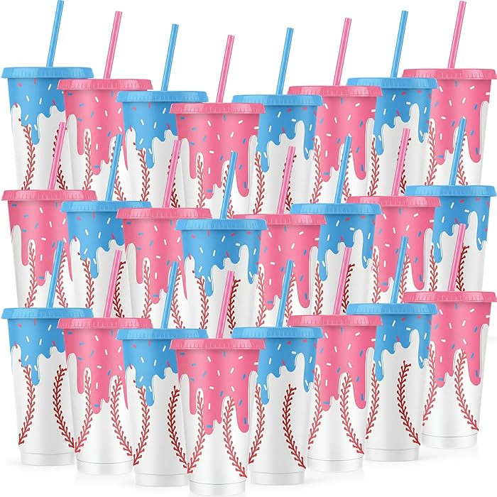 24 Pcs Baseball Ice Cream Drip Plastic Tumblers with Lids and Straws 24oz Reusable Baseball Sport... | Amazon (US)