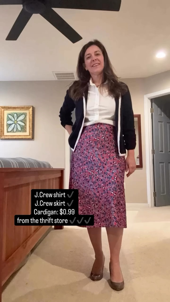 This cardigan cost me 99 cents. NINETY-NINE CENTS. Paired it with my J.Crew sleeveless oxford and J.Crew floral midi and suddenly I look like I have a personal stylist. Thrift one, splurge on classics — that’s the whole strategy. Full look on LTK! 🖤🌸 #thrift #thriftedstyle #classic #classy #ootd

#LTKSaleAlert #LTKPetite #LTKootd