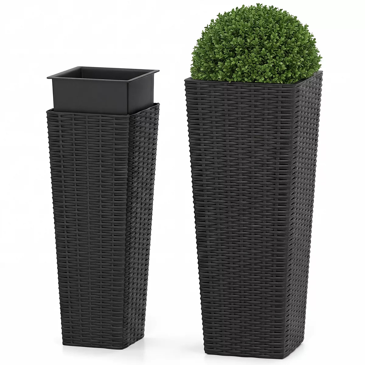 Costway Rattan Tall Planter Set of 2 with Removable Inner Trays, Drainage Holes for Garden Black | Target