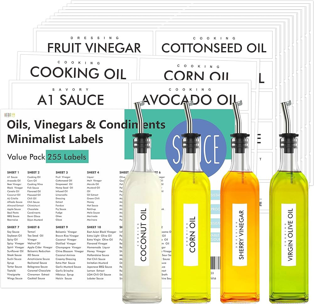 Hebayy 255 Oils, Vinegars & Condiments Labels, Minimalist Water & Oil Resistant Pantry Label Stic... | Amazon (US)