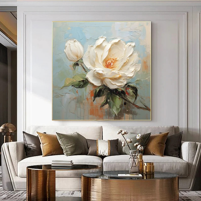 Large White Flower Oil Painting on Canvas, Canvas Wall Art Original Abstract Minimalist Floral Ar... | Etsy (US)