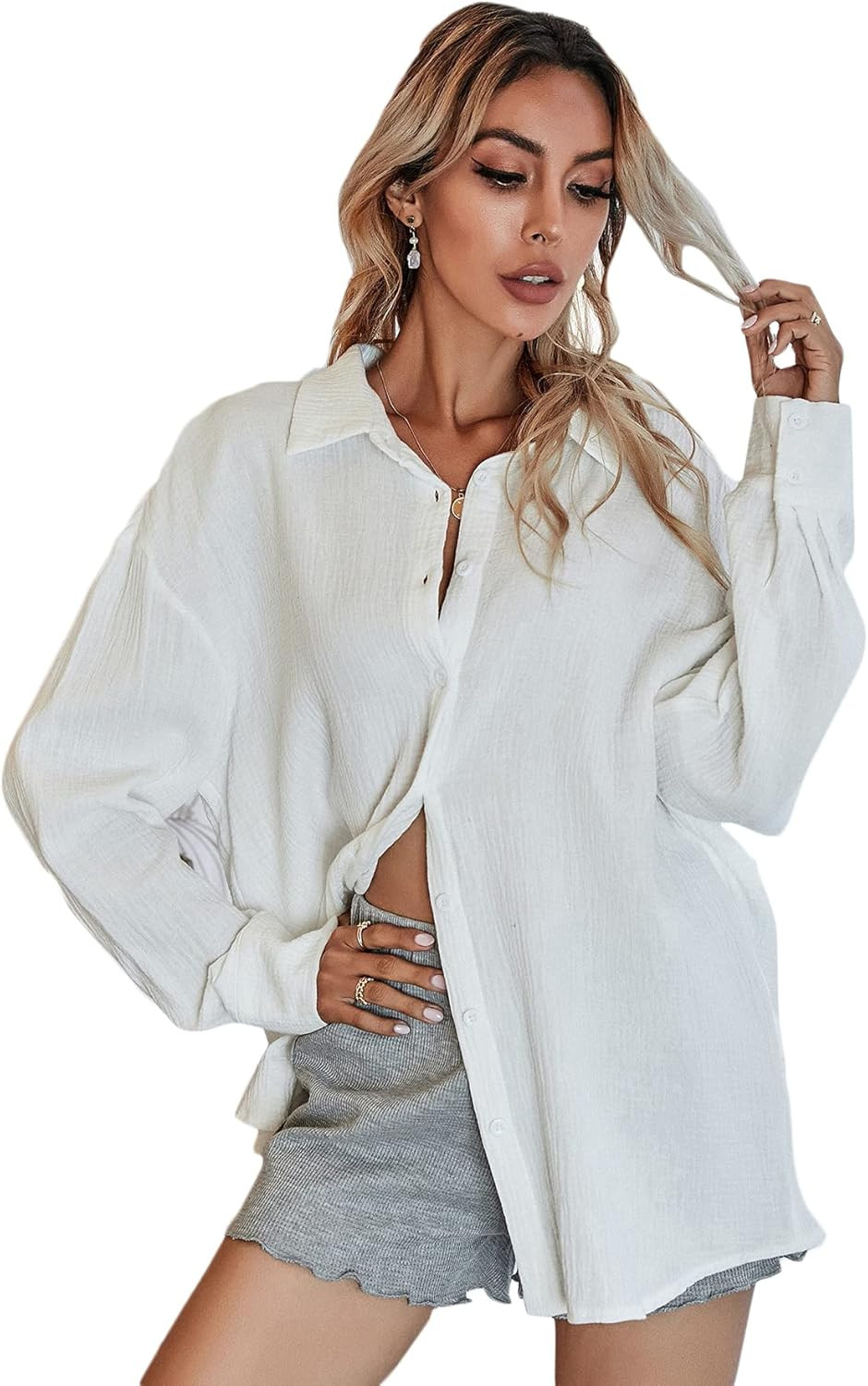 MakeMeChic Women's Oversized Button Down Shirts Collared Button Up Shirt Blouse Top | Amazon (US)