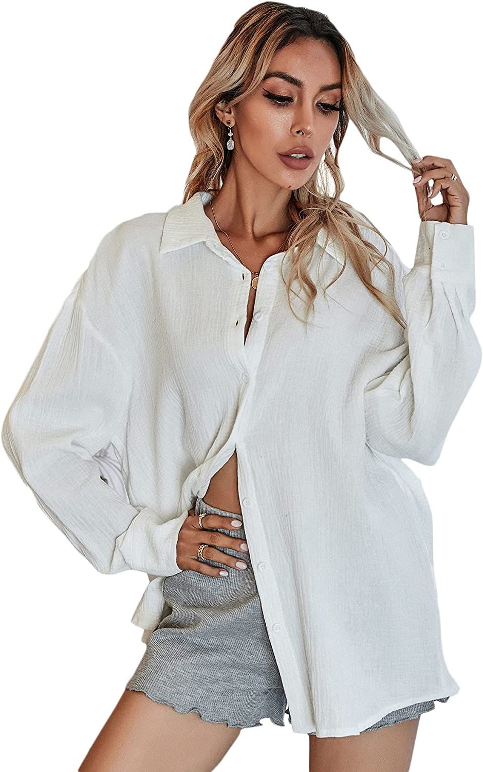 MakeMeChic Women's Oversized Button Down Shirts Collared Button Up Shirt Blouse Top | Amazon (US)