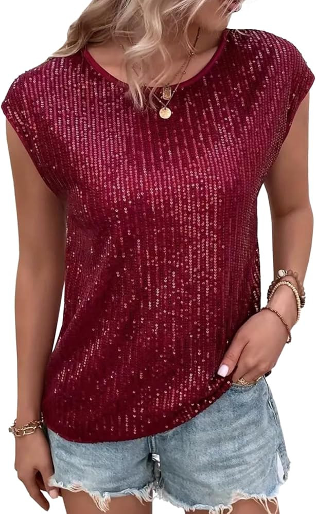 Women's Round Neck Glitter Sequins Shirts Top Sparkle Shimmer Concert Disco Party Tee | Amazon (US)