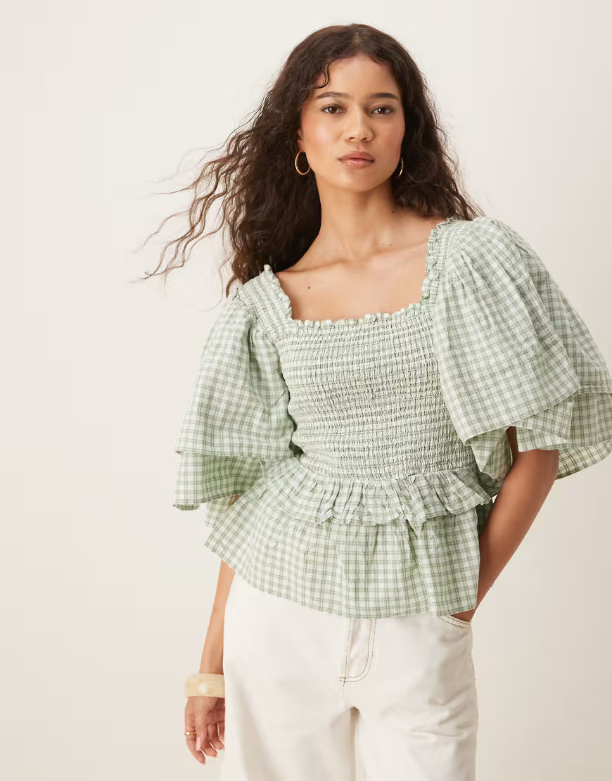 YAS premium gingham top with exaggerated sleeves in sage and white-Green | ASOS (Global)