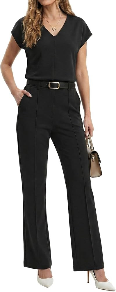 GRECERELLE 2026 Women's Spring & Summer Casual 2 Piece Set : V-Neck Top & Wrinkle-Free Pants With... | Amazon (US)