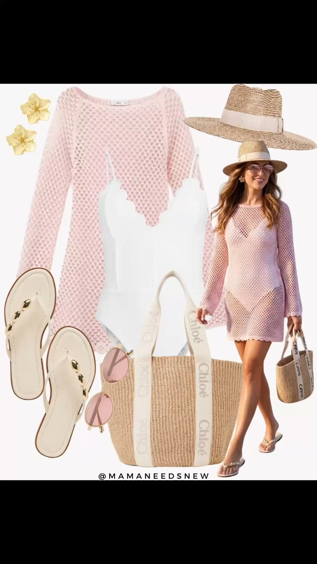 A summer beach / vacation outfit with a cover up knit dress, one piece swimsuit, tote bag, thong sandals 💖

#LTKootd #LTKSeasonal #LTKSaleAlert