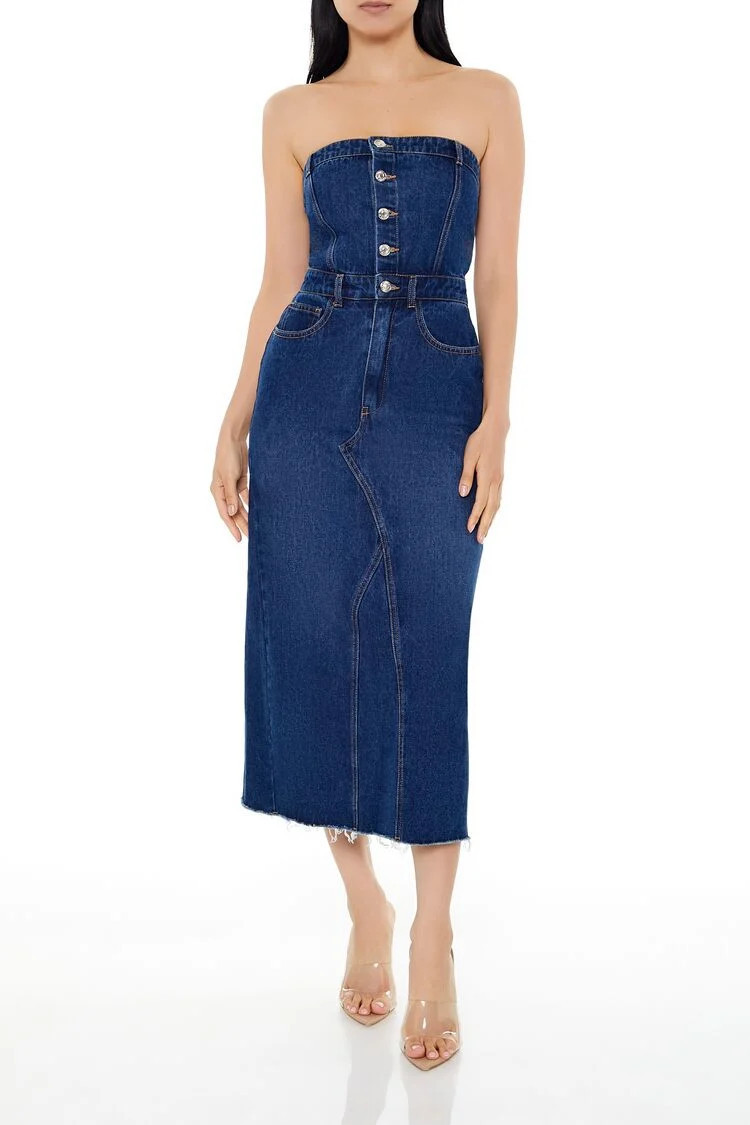 Women's Button-Front Denim Tube Dress in Dark Denim Medium | Forever 21