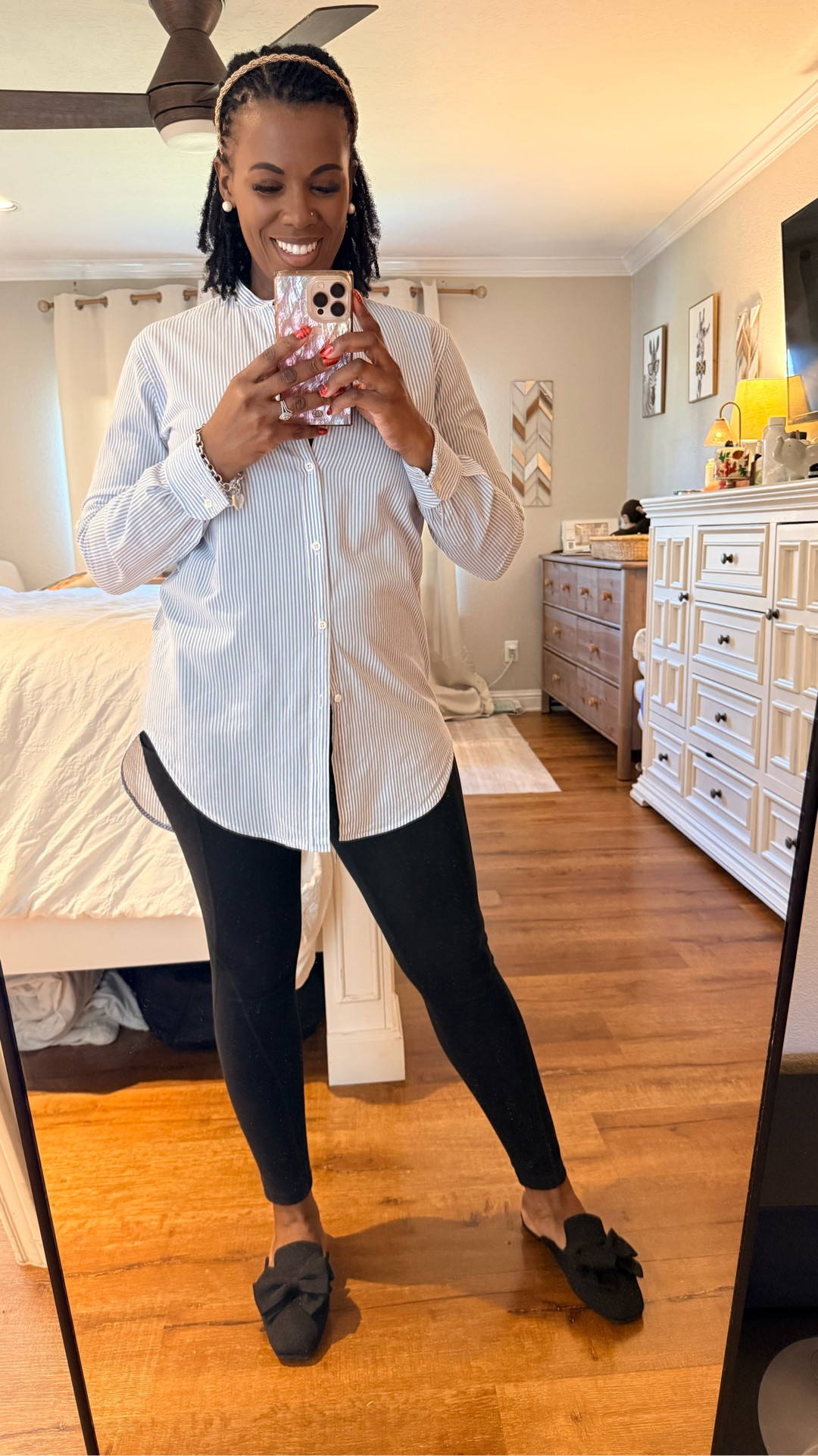 Here is today’s outfit of the day. I love a good oversized button-down shirt, and stretch pants because I can look completely professional from the waist up but comfortable from the waist down! #OOTD 

#LTKStyleTip #LTKBeauty #LTKFindsUnder50