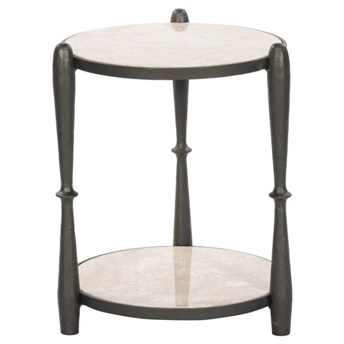 Marriot Updated Traditional Beige Marble Black Iron Round End Table | Kathy Kuo Home