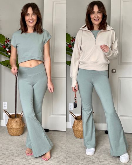Old Navy active wear outfit idea!
For reference I’m 5’ 7” size 4
PowerChill flared leggings in my usual small and got L in the matching cropped tee
Wearing M in the half zip pullover
Also linked the one piece bodysuit I wore at the beginning of the video, I got a M

#LTKunder50 #LTKfit #LTKFind