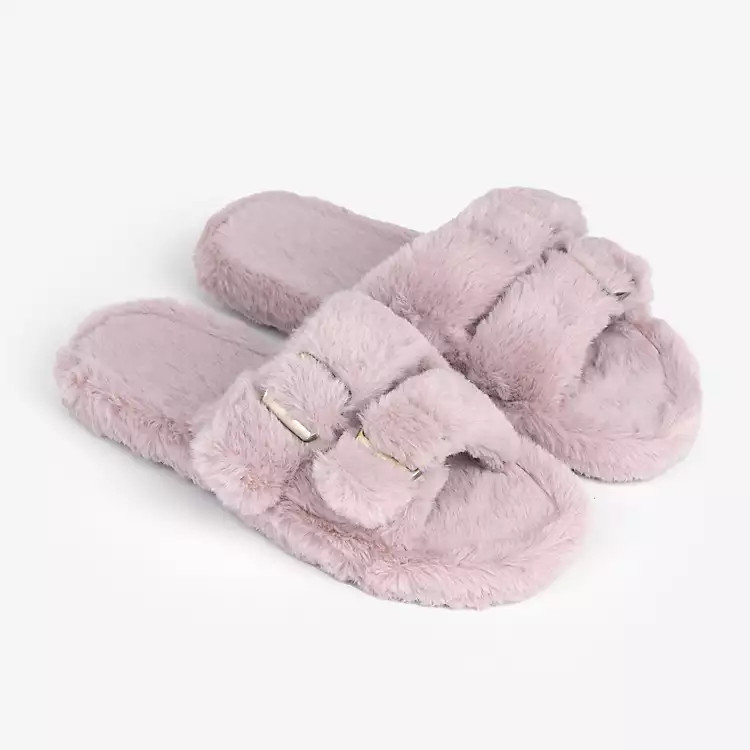 Large Mauve Buckle Fur Slide Slippers | Kirklands Home | Kirklands