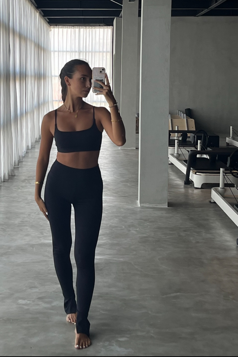 🕯Reformer Pilates fit - black square neck sports bra + black split leg leggings + gold cuff bangle bracelet + Monica Vinader linear bead friendship chain bracelet 

#LTKstyletip #LTKfitness #LTKtravel