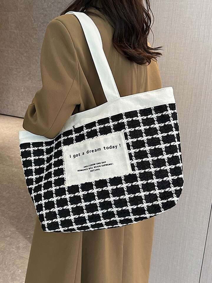 Plaid Pattern Letter Patch Decor Tweed Shoulder Tote Bag | SHEIN