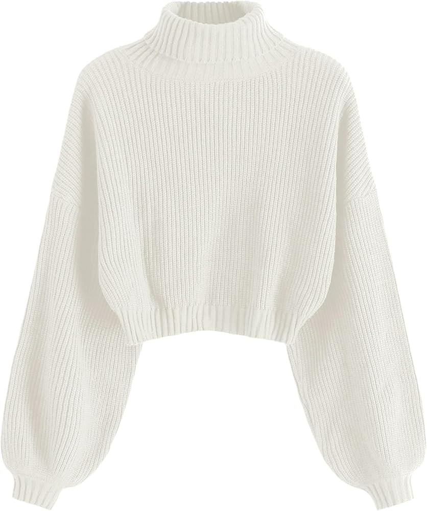 ZAFUL Women's Cropped Turtleneck Sweater Lantern Sleeve Ribbed Knit Pullover Sweater Jumper | Amazon (US)