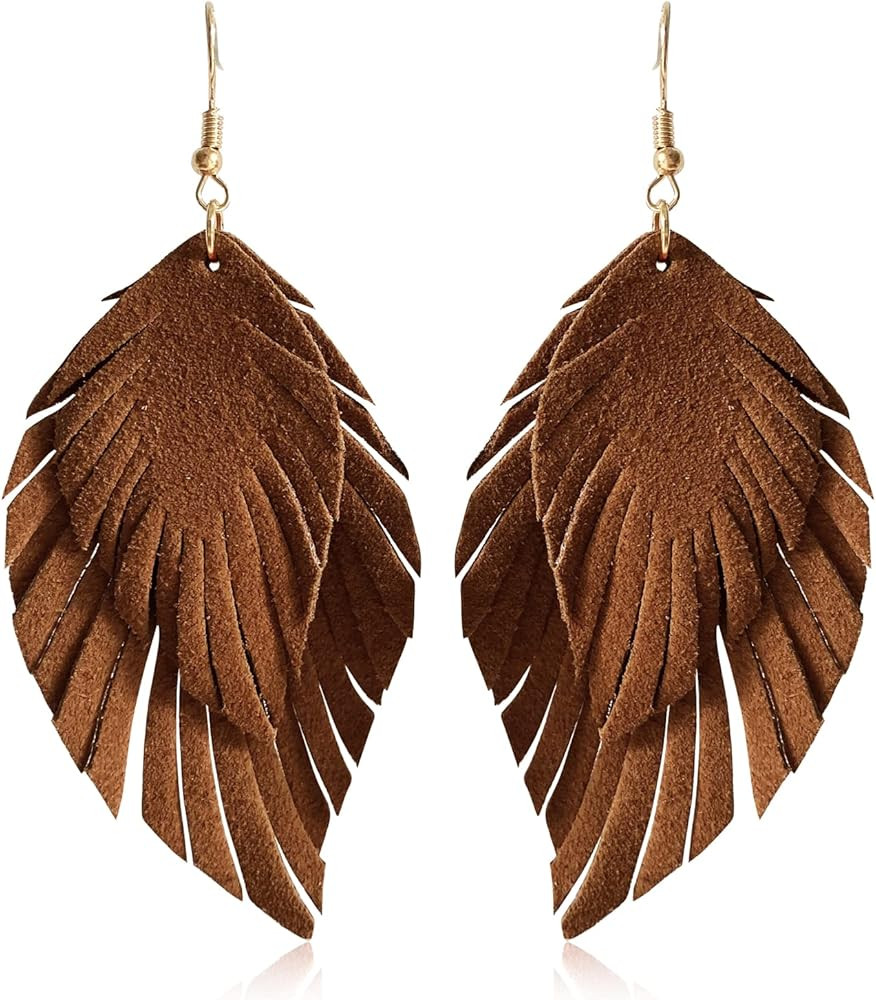 Handmade Bohemian Large Soft Genuine Leather Fringe Double Feather Lightweight Color PU Leaf Drop... | Amazon (US)
