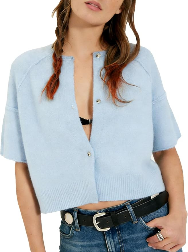Womens Short Sleeve Knit Cardigan Sweaters Cropped Crew Neck Button Down Solid Color Sweater | Amazon (US)