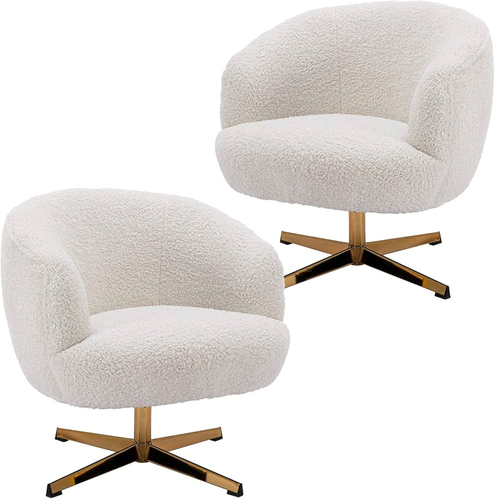 DUOMAY Swivel Accent Chair Armchair Set of 2, Modern Faux Fur Round Barrel Chair with Gold Base f... | Amazon (US)