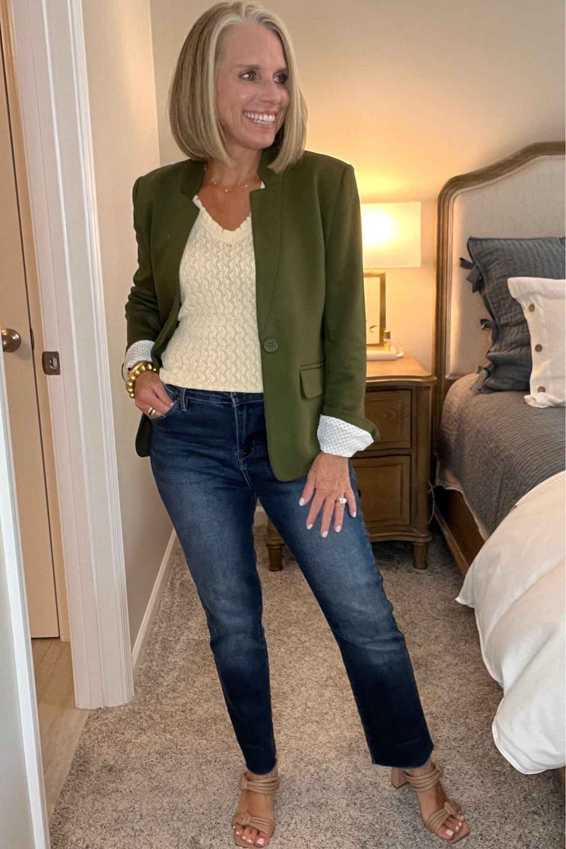 I love the new color green of the Notch Collar Blazer form Gibsonlook. It pairs perfectly with this cricket sweater. I wear smalls in the blazers and XS in tops at Gibsonlook. The jeans are from there too, and I sized down 2. They’re super comfy and stretchy, but not baggy 
Use my code LISA10 on all of it 

#LTKunder100 #LTKstyletip #LTKFind