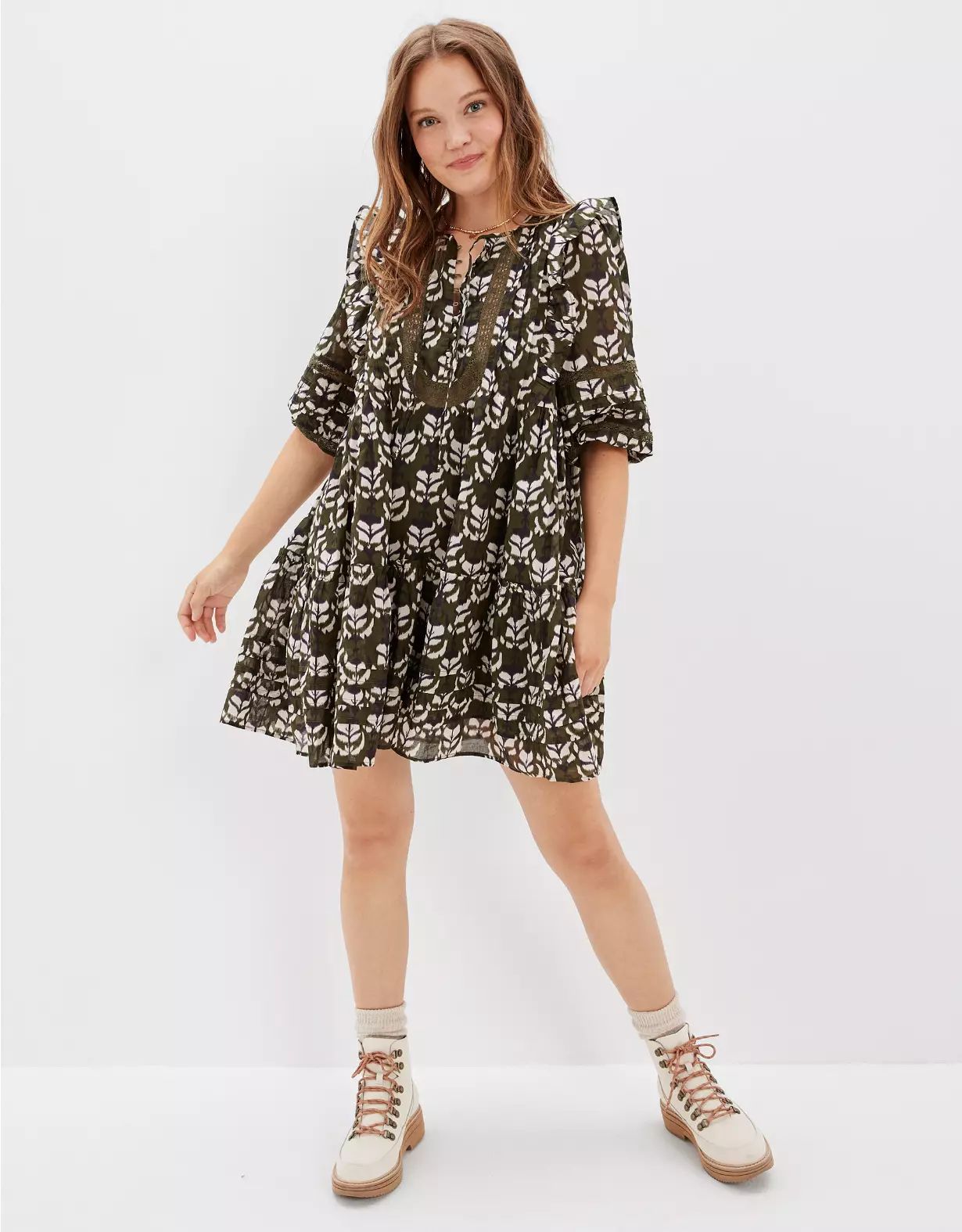 AE Pintuck Ruffle Babydoll Mini Dress | American Eagle Outfitters (US & CA)