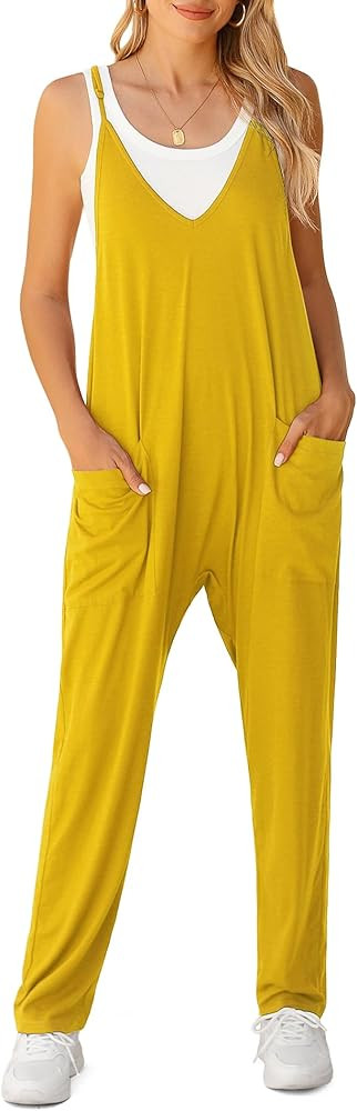 LILBETTER Women's Loose Casual V Neck Sleeveless Jumpsuits Adjustable Spaghetti Straps Long Pants... | Amazon (US)